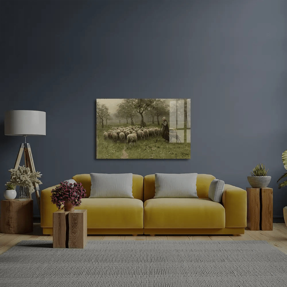 Shepherdess Flock Sheep Glass Wall Art - CreoGlass E-Shop