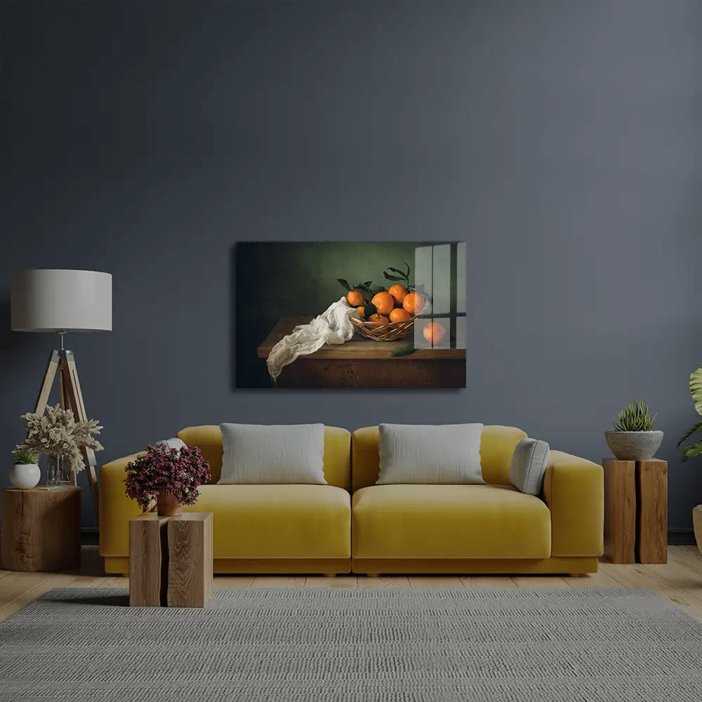 Still Life Mandarins Drapery Glass Wall Art - CreoGlass E-Shop