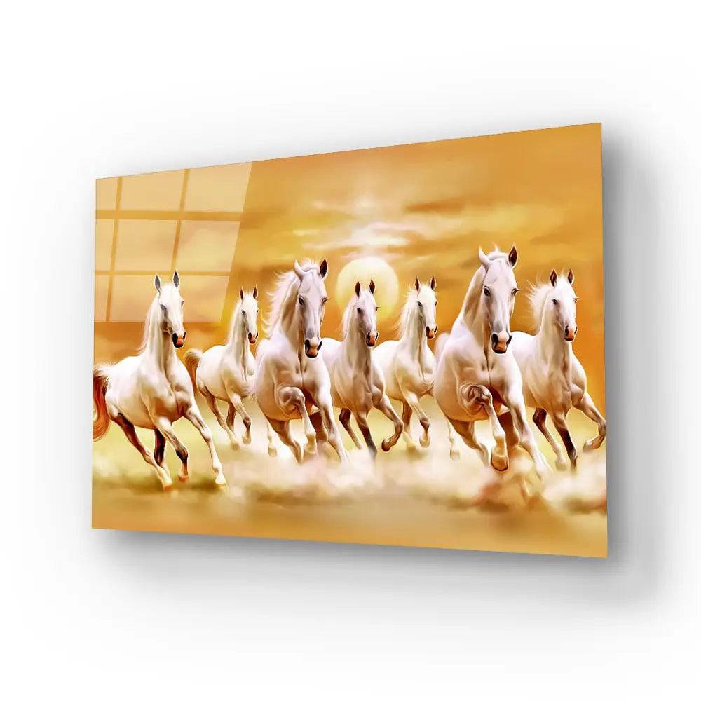 Sunrise White Seven Horse Running Glass Wall Art - CreoGlass E-Shop