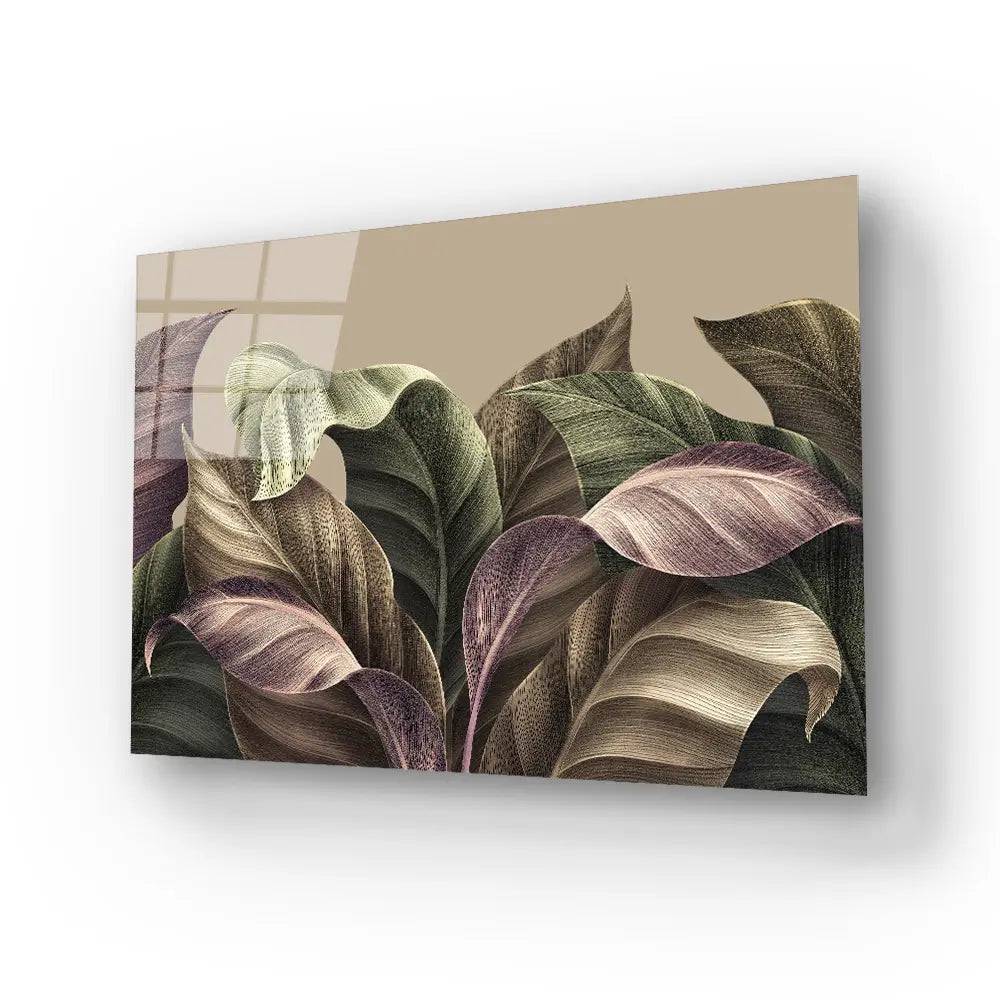 Vintage Tropical Green Brown Leaves Glass Wall Art - CreoGlass E-Shop