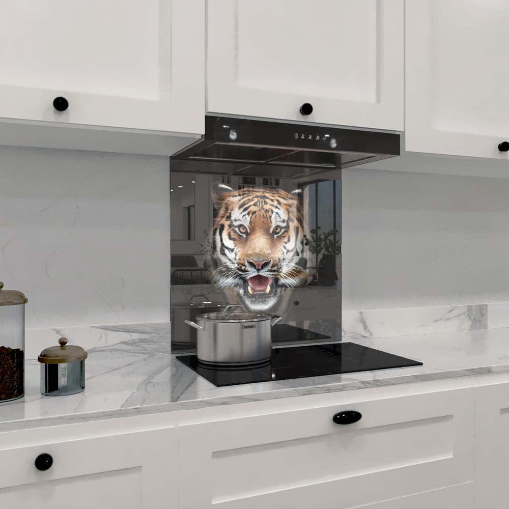 Front-Facing Tiger in Spotlight Glass Kitchen Splashback