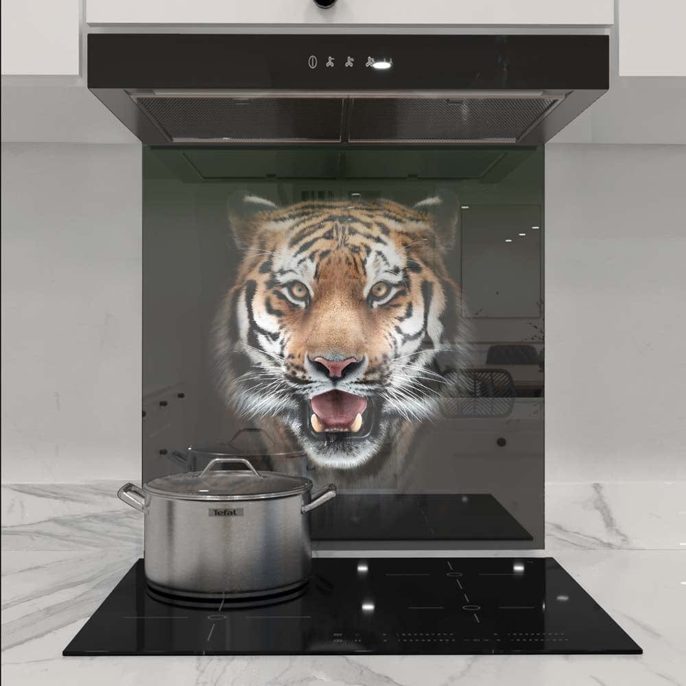 Front-Facing Tiger in Spotlight Glass Kitchen Splashback