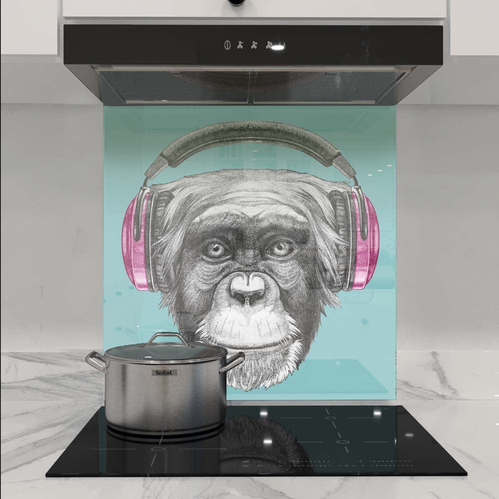 Monkey with Headphones Illustration Glass Kitchen Splashback