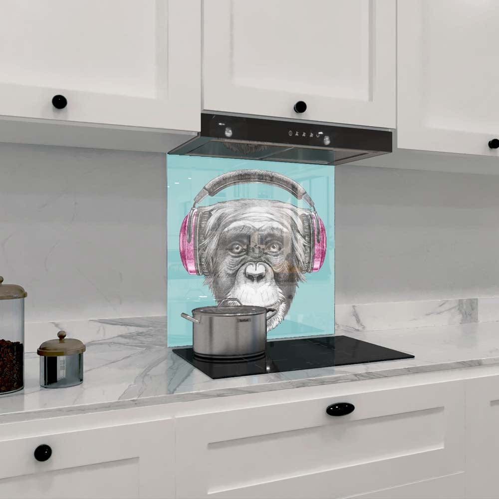 Monkey with Headphones Illustration Glass Kitchen Splashback