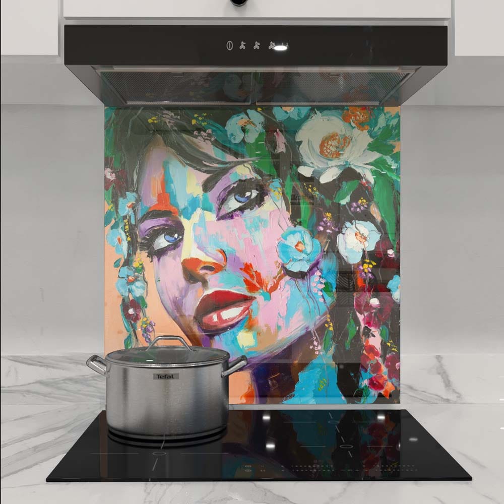 Painted Woman in Flowers Glass Kitchen Splashback