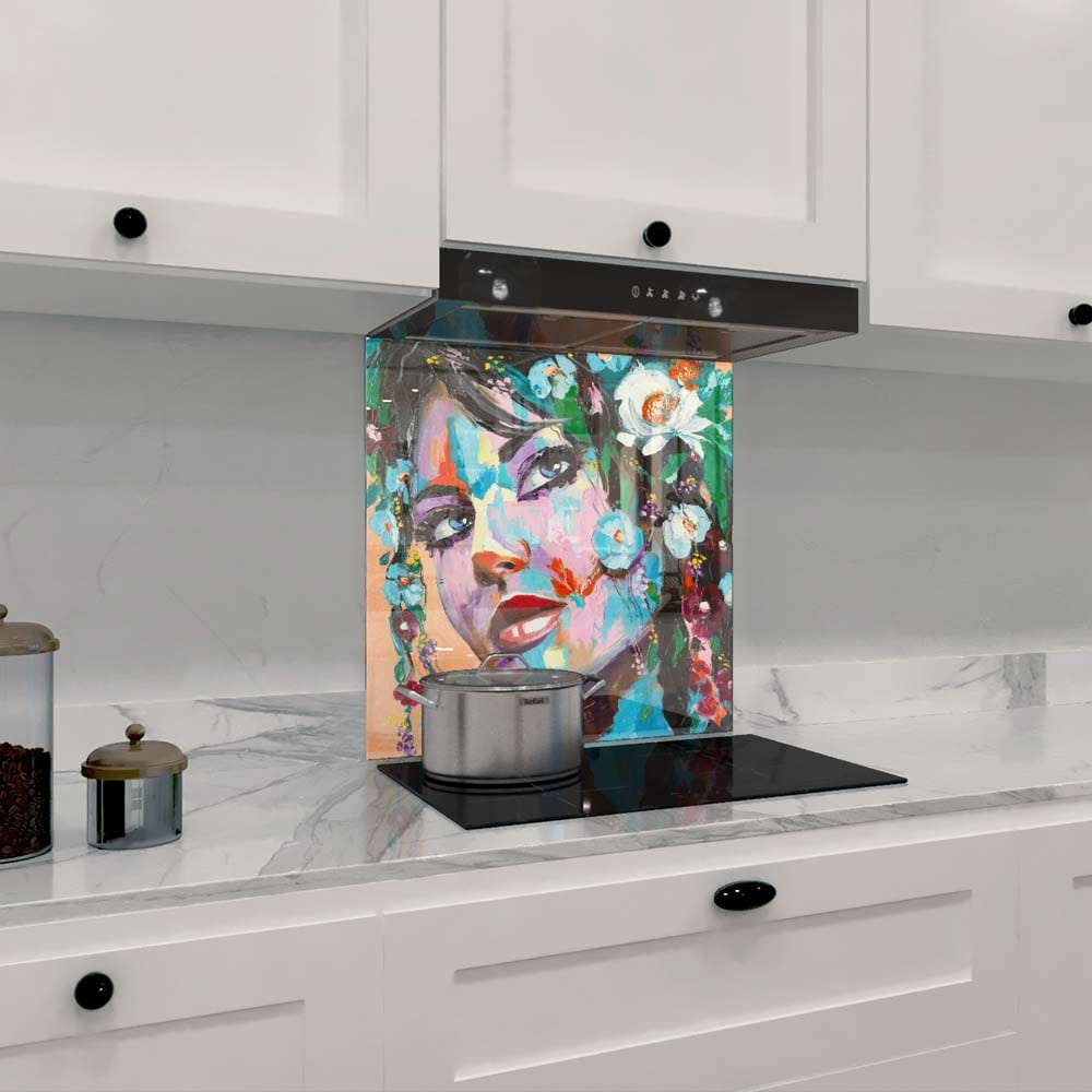 Painted Woman in Flowers Glass Kitchen Splashback