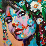 Painted Woman in Flowers Glass Kitchen Splashback