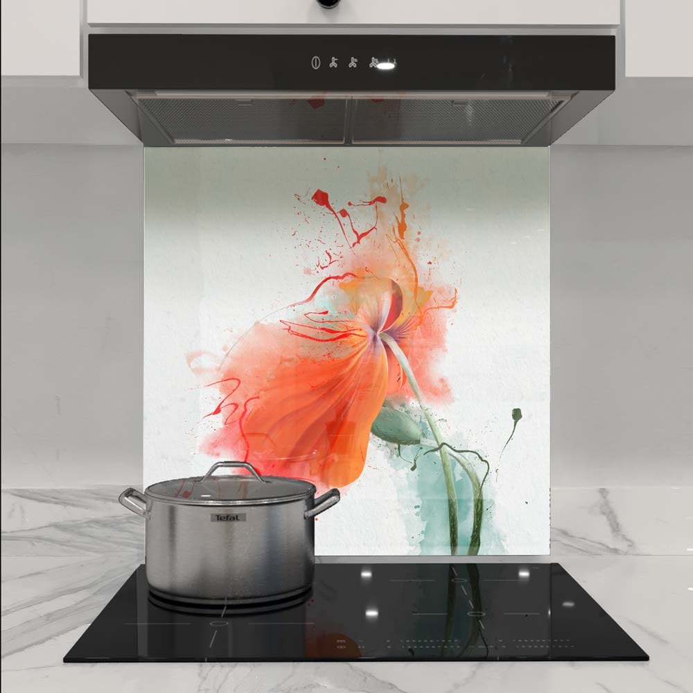 Red Flower Painting Glass Kitchen Splashback