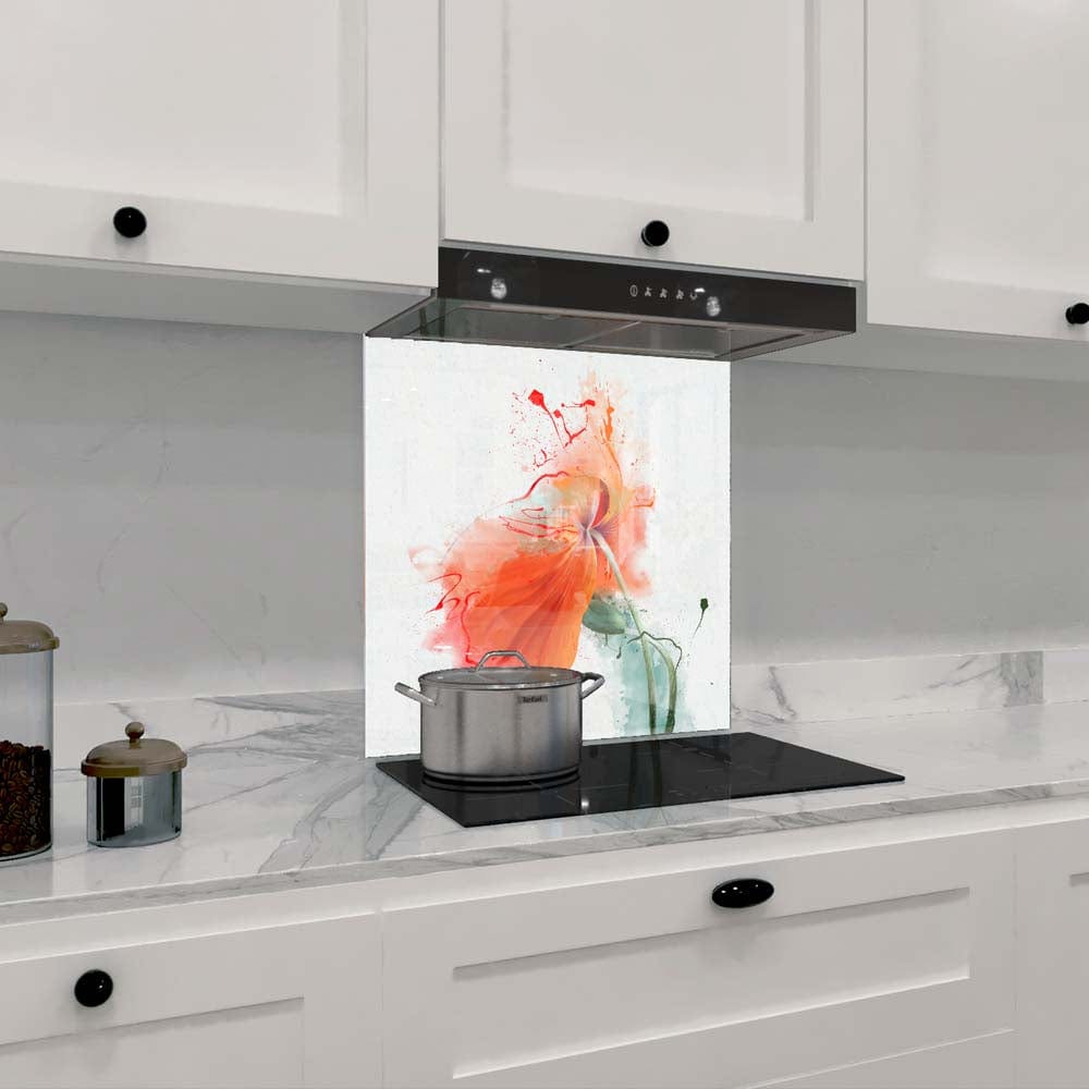 Red Flower Painting Glass Kitchen Splashback