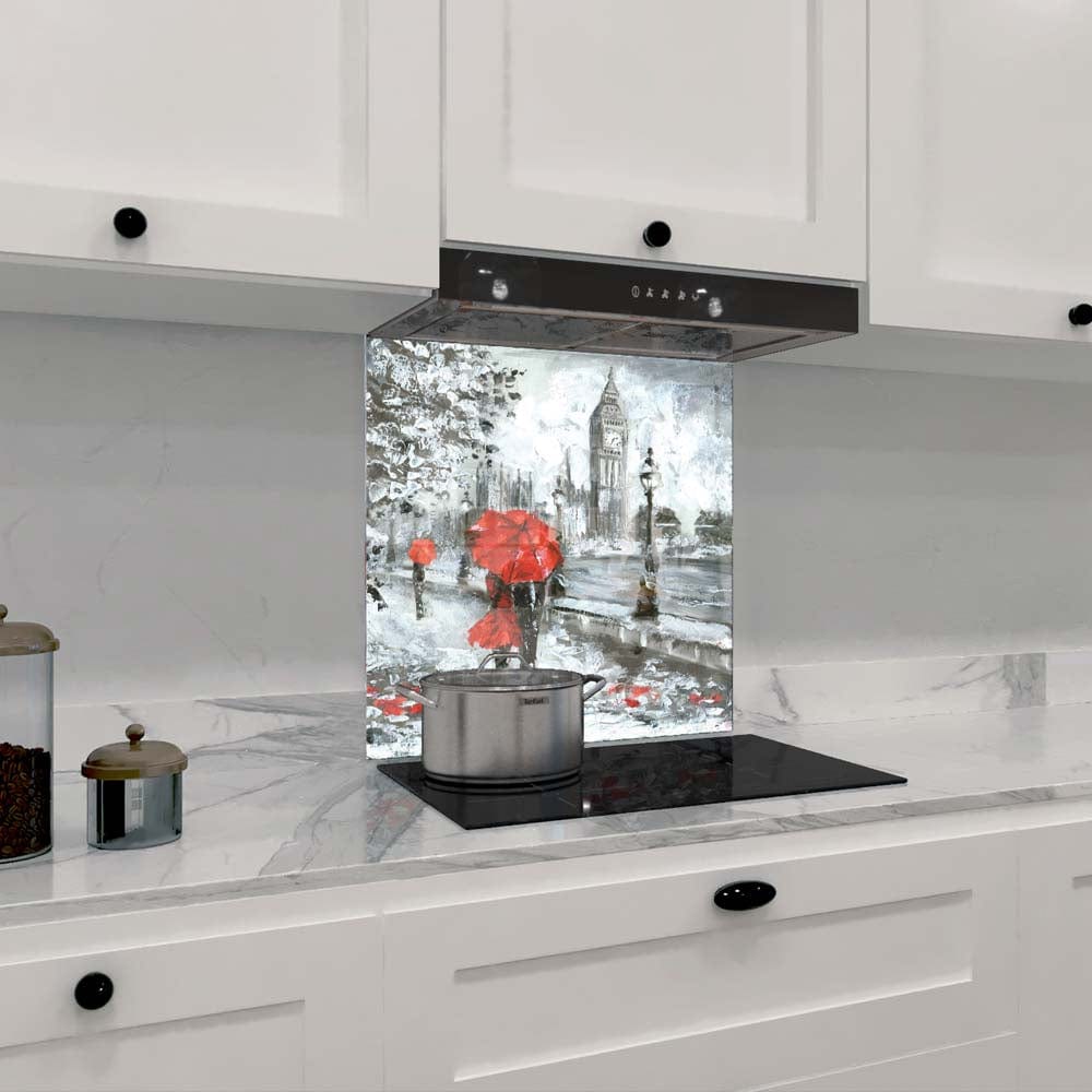 Red Umbrellas in London Glass Kitchen Splashback