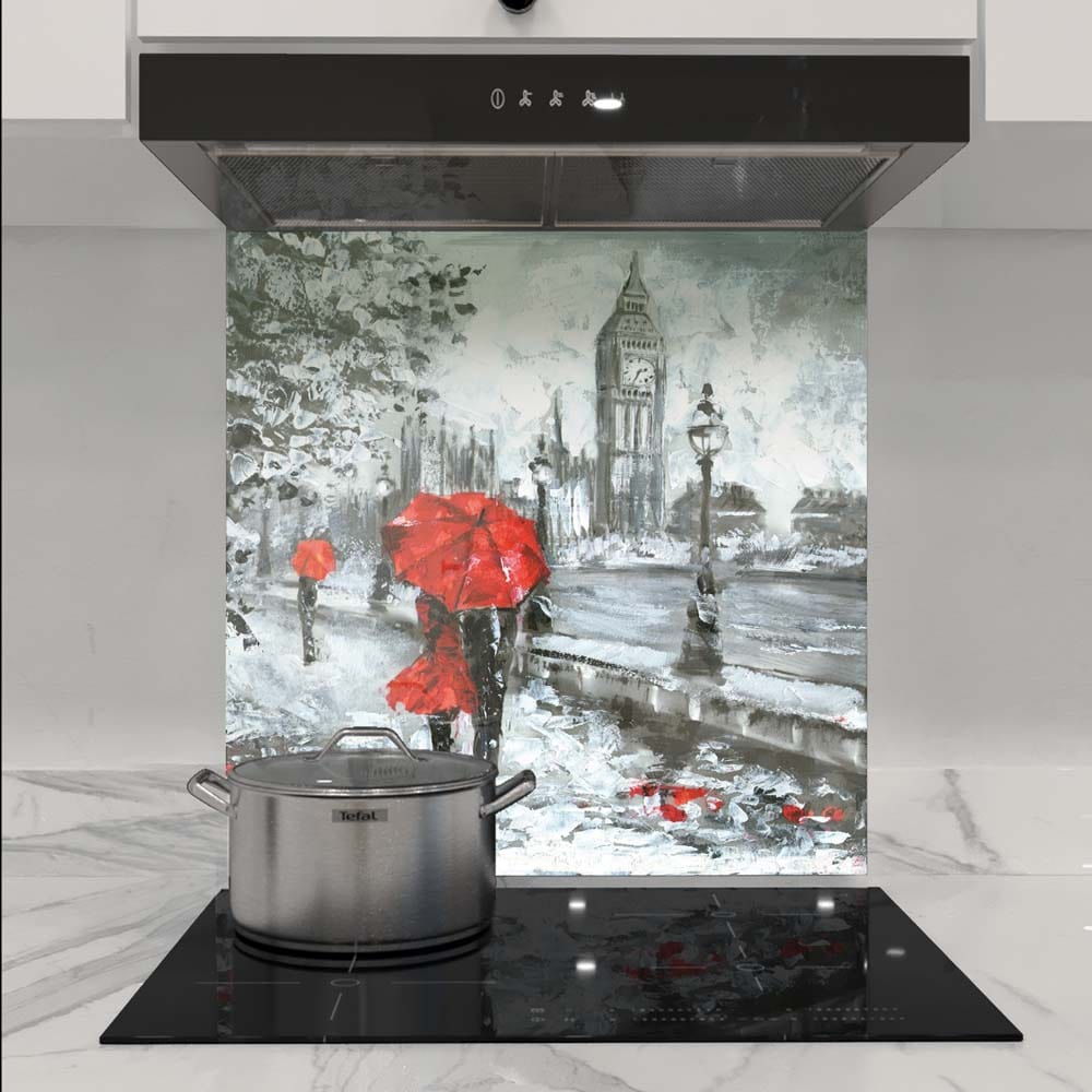 Red Umbrellas in London Glass Kitchen Splashback