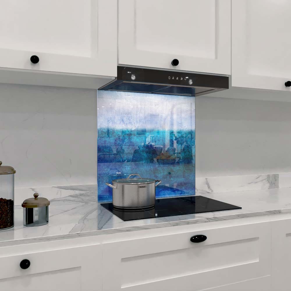 Textured Shades of Blue Glass Kitchen Splashback