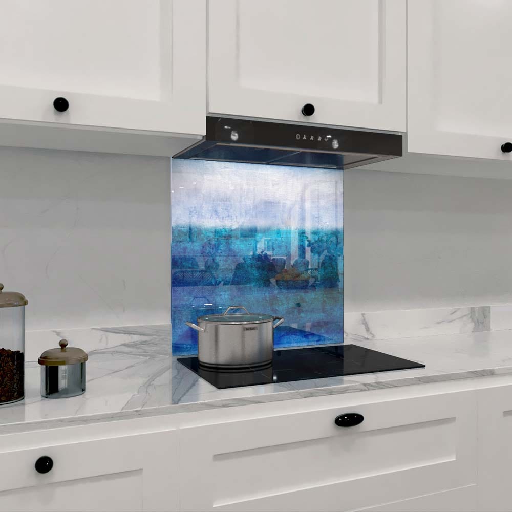 Textured Shades of Blue Glass Kitchen Splashback