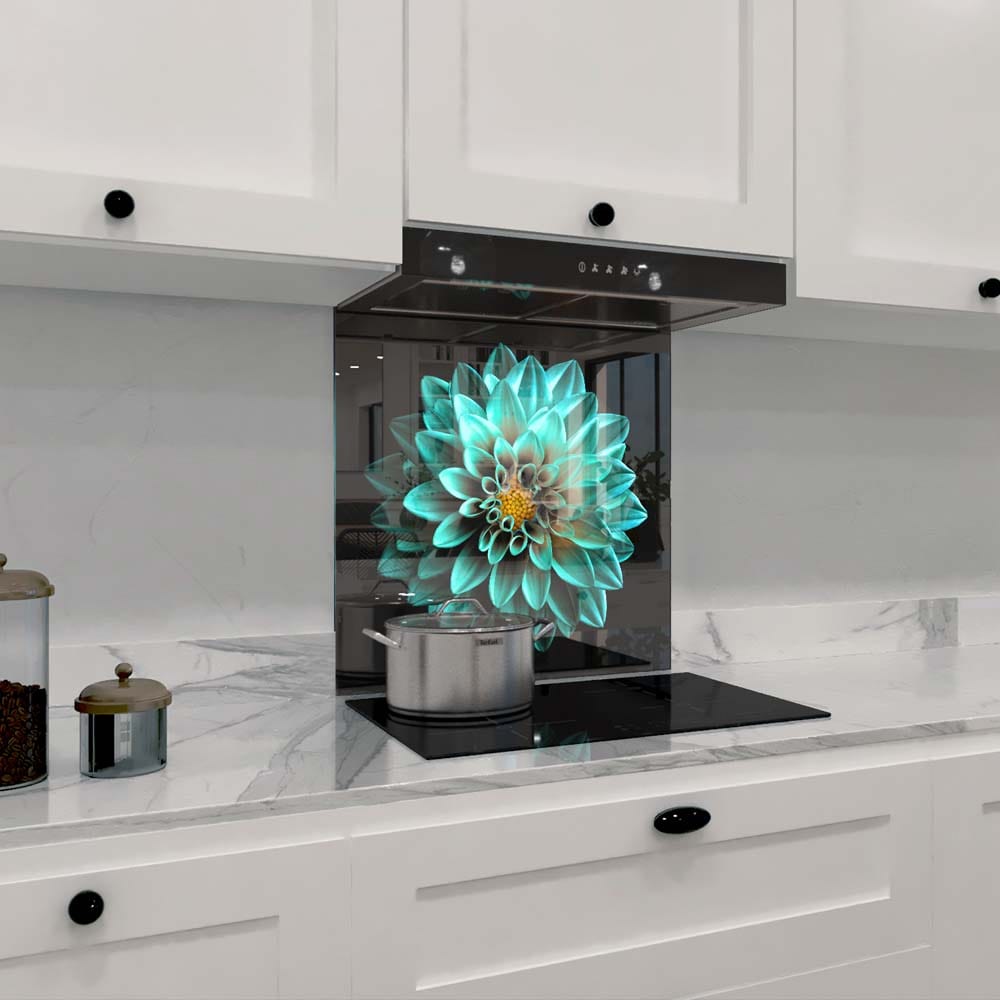 Turquoise Dahlia Glass Kitchen Splashback
