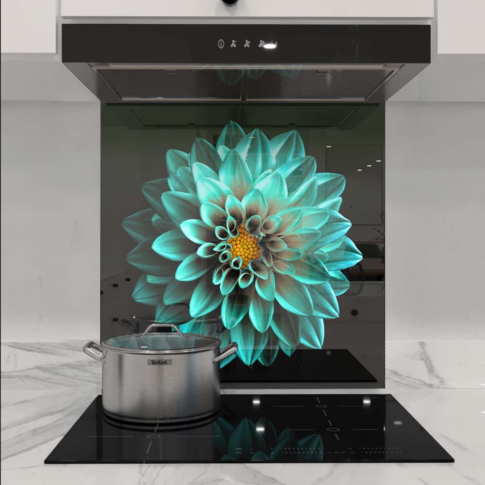 Turquoise Dahlia Glass Kitchen Splashback