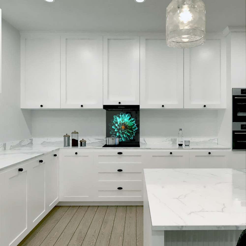 Turquoise Dahlia Glass Kitchen Splashback