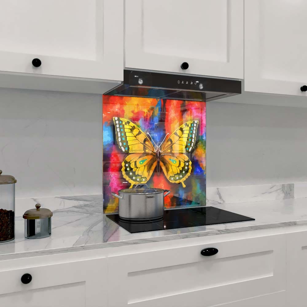 Watercolour Yellow Butterfly Glass Kitchen Splashback