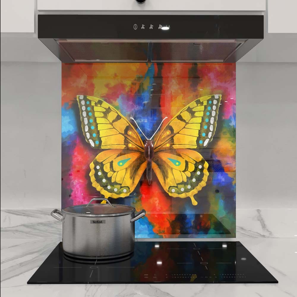 Watercolour Yellow Butterfly Glass Kitchen Splashback