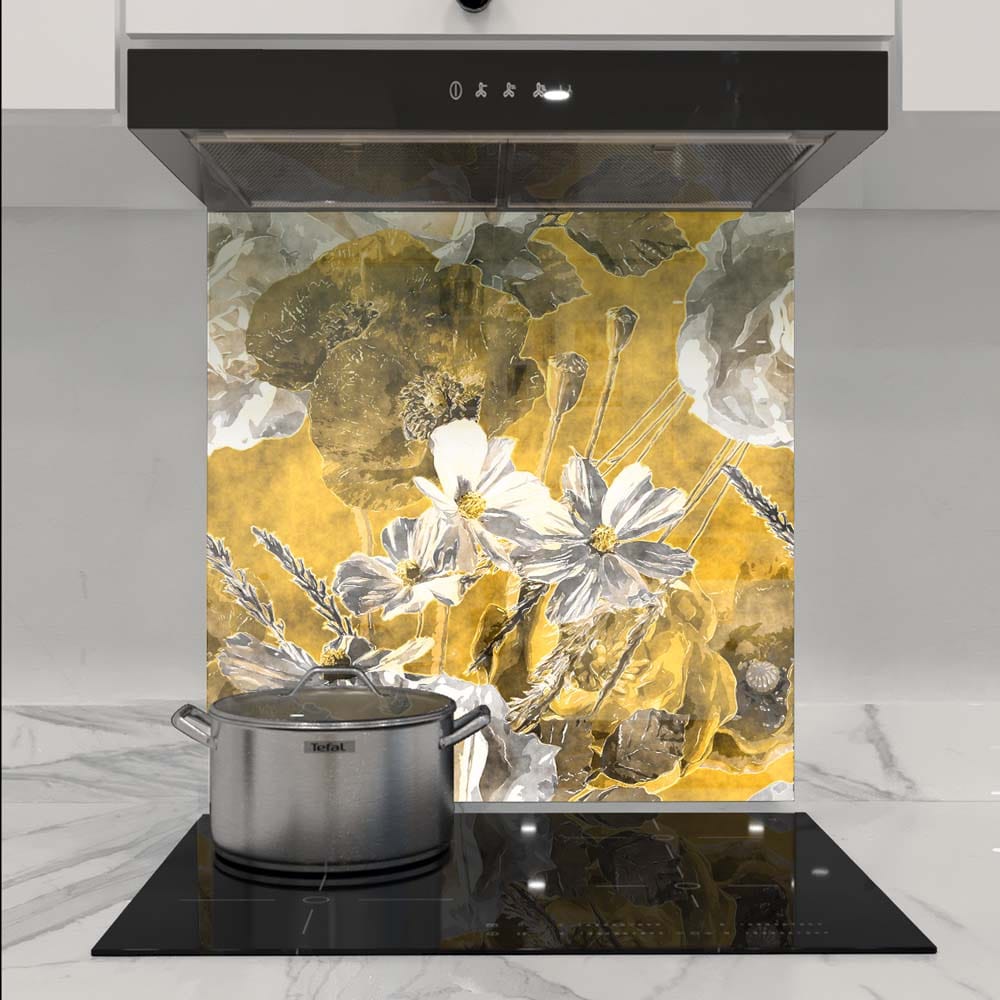 White and Yellow Flowers Glass Kitchen Splashback