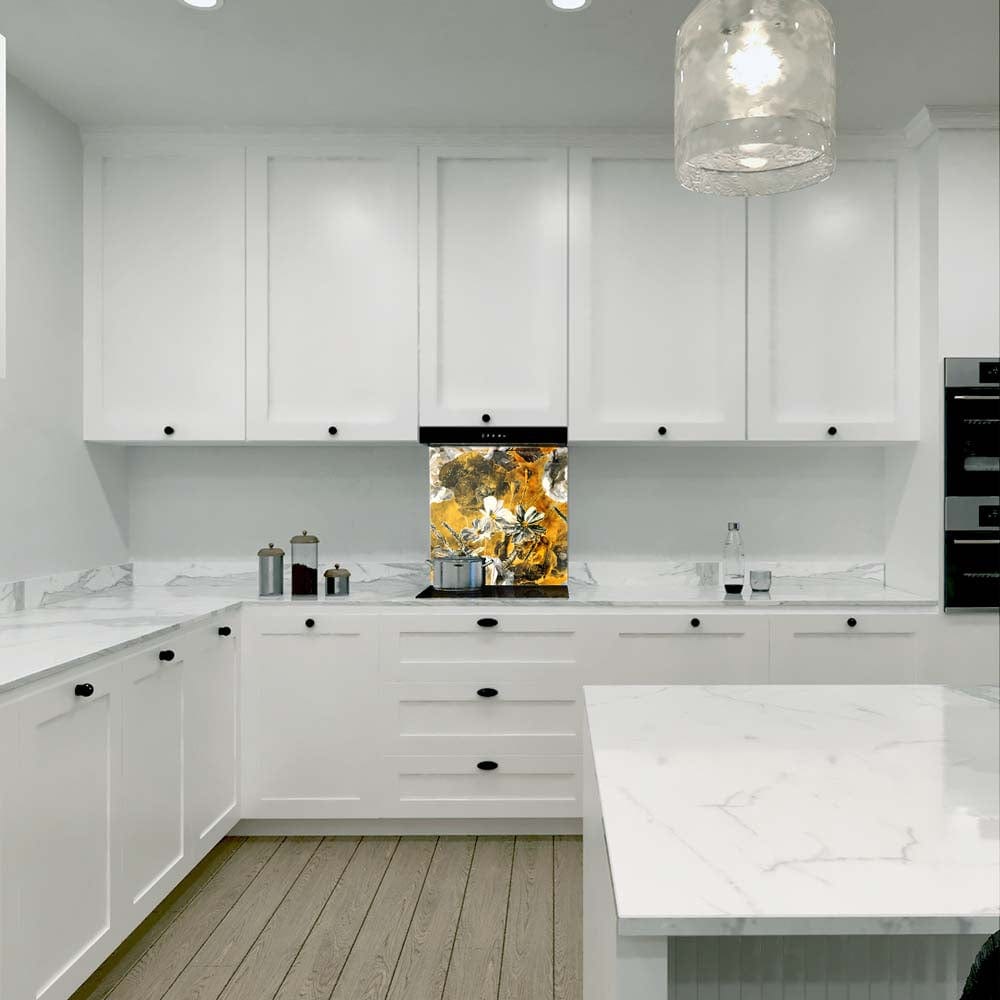 White and Yellow Flowers Glass Kitchen Splashback