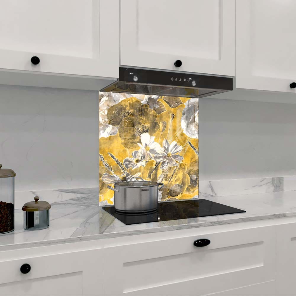 White and Yellow Flowers Glass Kitchen Splashback