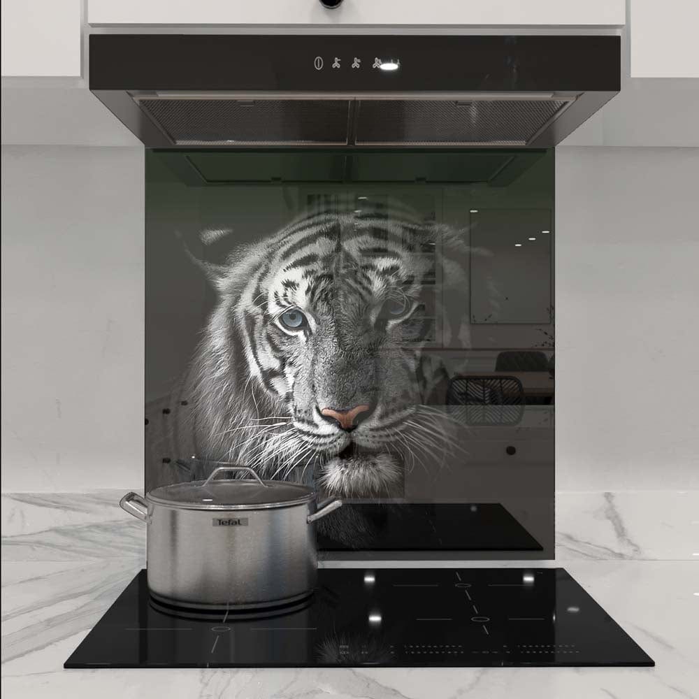 White Tiger in Spotlight Glass Kitchen Splashback