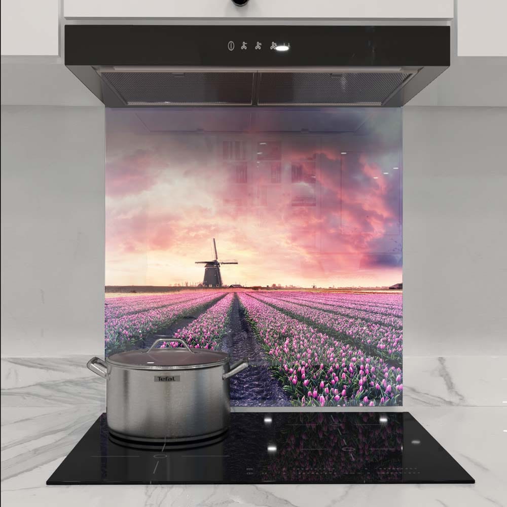 Windmill and Tulips Glass Kitchen Splashback