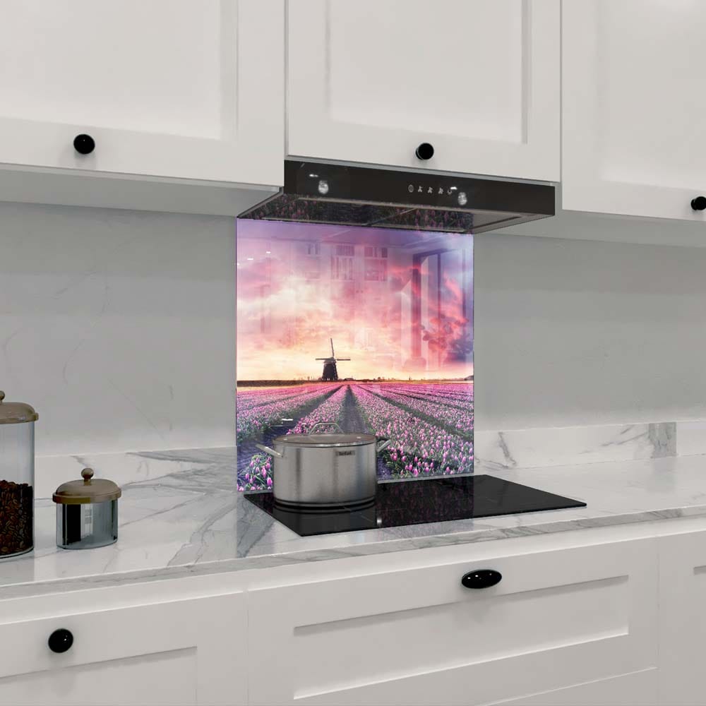 Windmill and Tulips Glass Kitchen Splashback