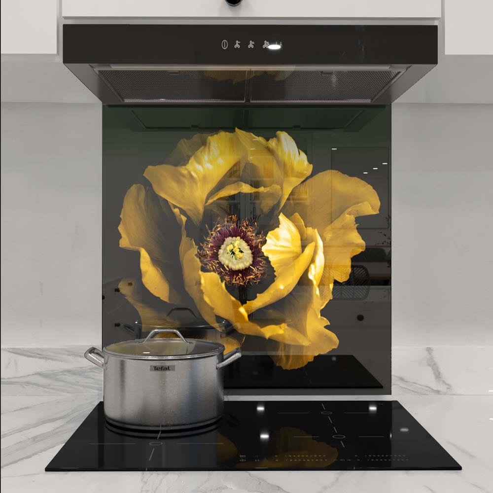 Yellow Peony Glass Kitchen Splashback